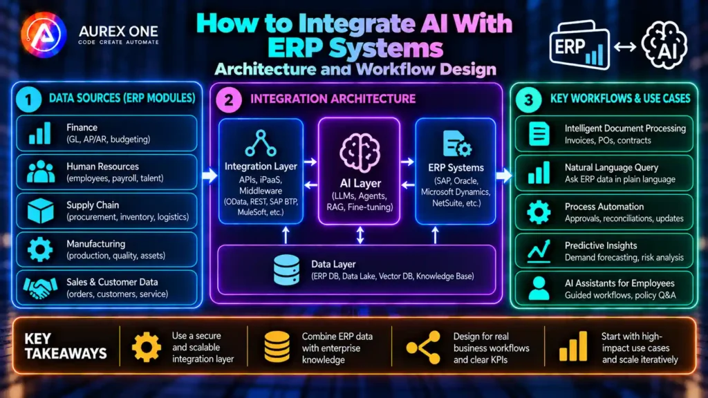 AI ERP integration architecture showing data, APIs, AI agents, approvals and workflow automation.