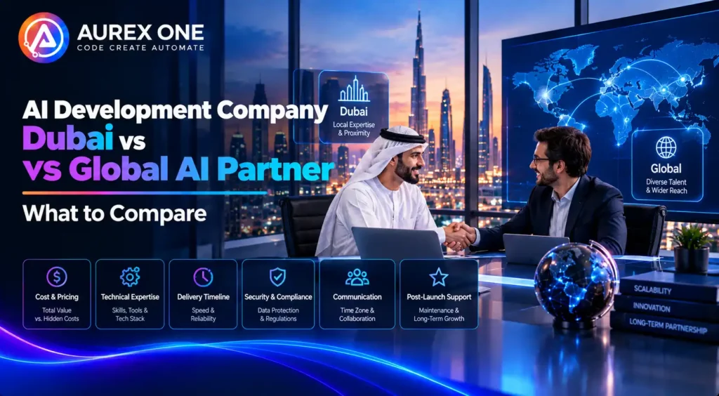 AI development company in Dubai compared with a global AI partner, highlighting cost, technical expertise, delivery, security, communication, and support