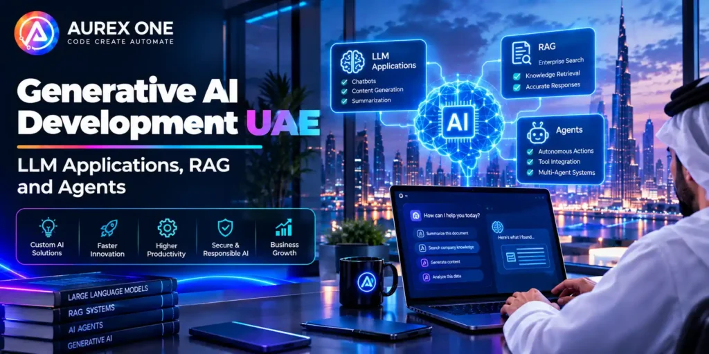 Generative AI development in the UAE featuring LLM applications, RAG systems, AI agents, intelligent chatbots, enterprise knowledge retrieval, and a futuristic Dubai skyline.