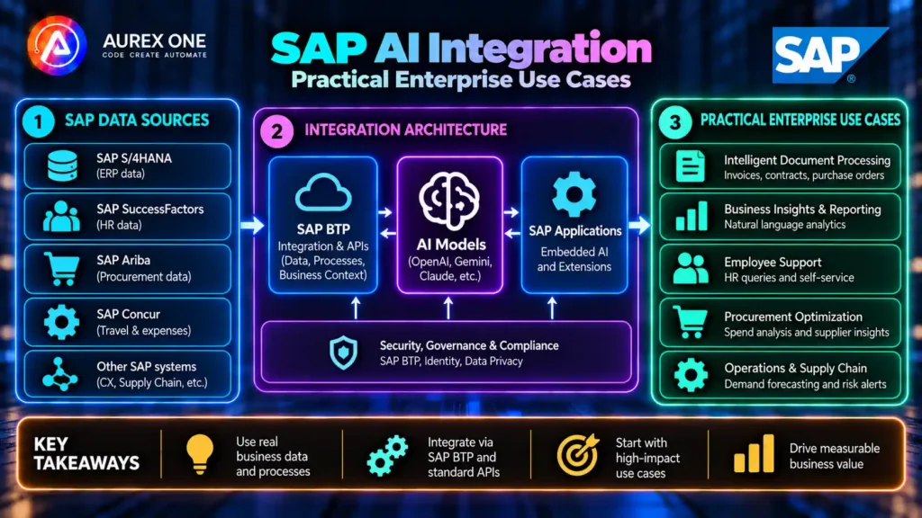 SAP AI integration showing enterprise use cases across data, automation and business workflows.