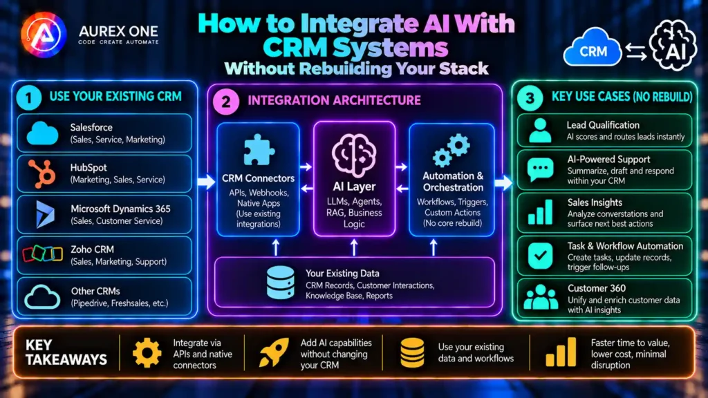 AI CRM integration architecture using APIs, automation and AI agents without rebuilding the existing stack.