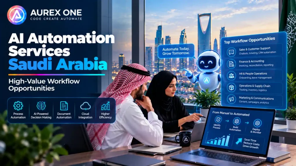 AI automation services in Saudi Arabia featuring workflow automation, AI decision-making, document automation, cloud integration, and business efficiency.