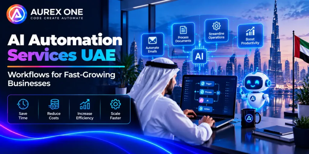 AI automation services in the UAE featuring automated workflows, AI-powered business processes, productivity tools, cost reduction