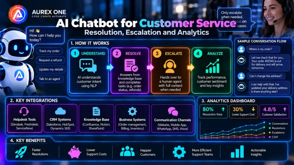 AI chatbot for customer service showing resolution, escalation and support analytics.