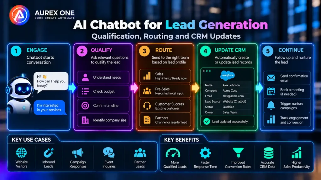 AI chatbot for lead generation with qualification, routing and CRM updates.