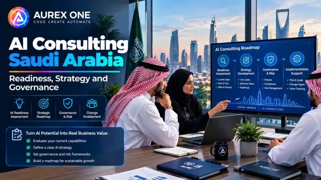AI consulting in Saudi Arabia featuring AI readiness assessment, strategic planning, governance, risk management, and implementation support.