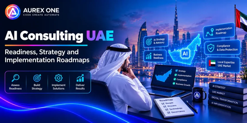 AI consulting services in the UAE featuring AI readiness assessment, strategic planning, implementation roadmaps, business growth, and ongoing AI support against a futuristic Dubai skyline.