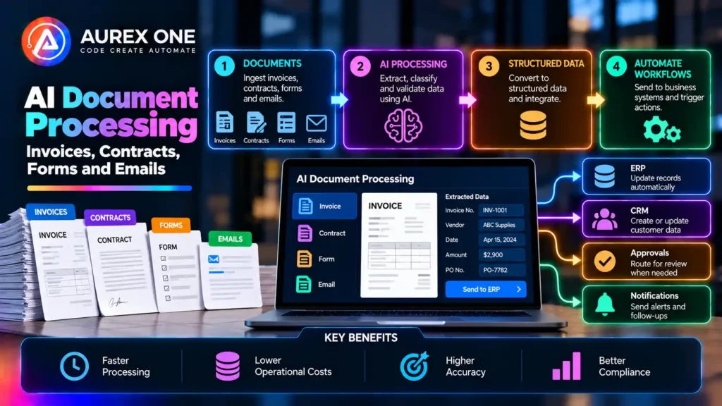 AI document processing for invoices, contracts, forms and emails with automated data extraction.