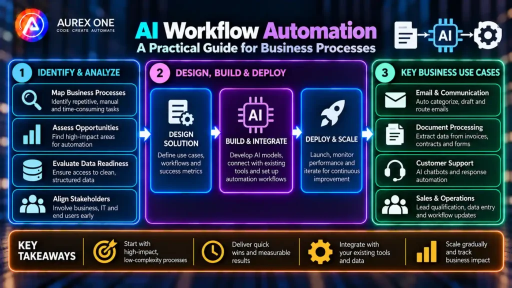 AI workflow automation guide showing triggers, AI decisions, workflow actions and human oversight for business processes.
