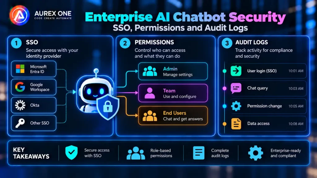 Enterprise AI chatbot security with SSO, permissions and audit logging controls.