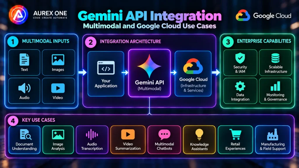Gemini API integration showing multimodal inputs, Google Cloud services and enterprise use cases.