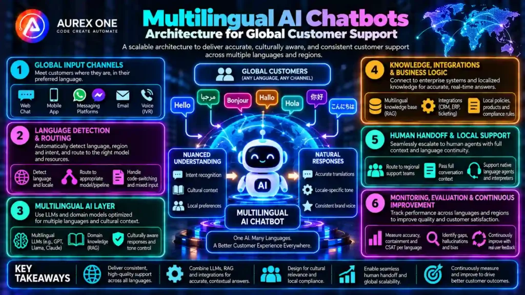 Multilingual AI chatbot architecture for global support with language detection, knowledge retrieval and human handoff.
