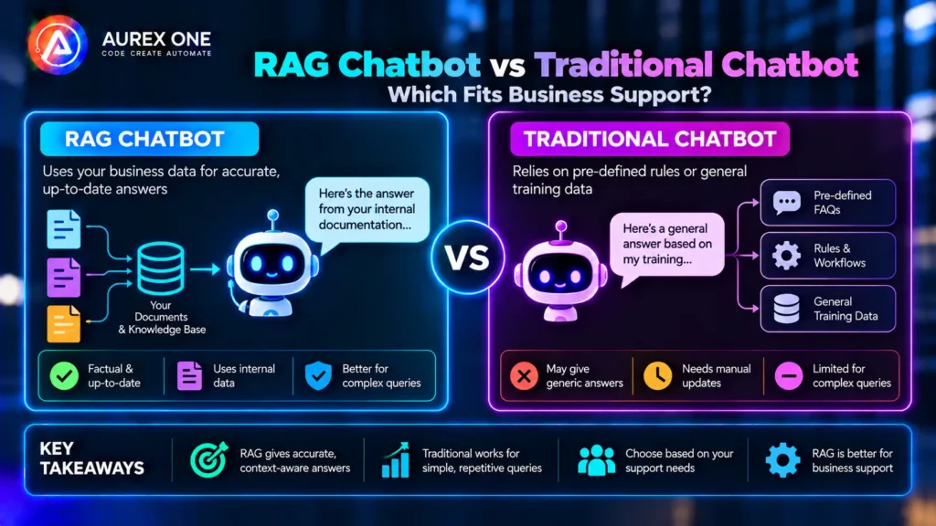 RAG chatbot vs traditional chatbot comparing knowledge access, accuracy, updates and business support fit.