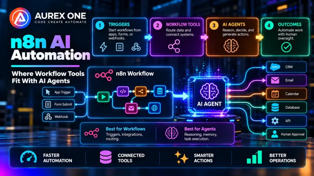 n8n AI automation showing how workflow tools connect triggers, AI agents, business apps and human approval.